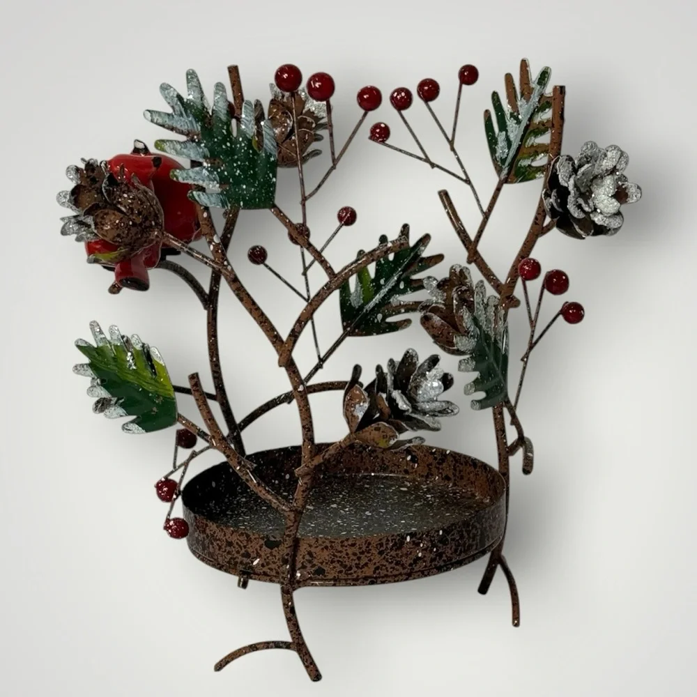 Large Pillar‎ Metal Candle Holder With Ceramic Red Cardinal Birds Pinecones